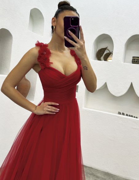 Vestido de fiesta largo de tul con tirantes de flores