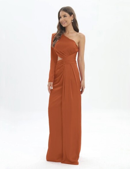 Long evening dress with one sleeve and side cut-out