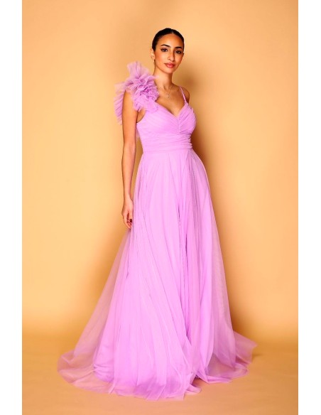 Vestido de fiesta de tul con hombro decorado para invitada