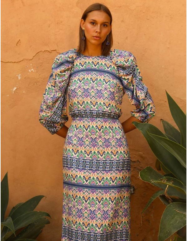 Midi party dress with ethnic print