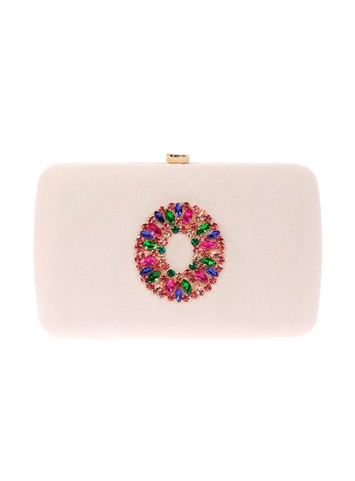 Bolso de fiesta de antelina con broche joya multicolor