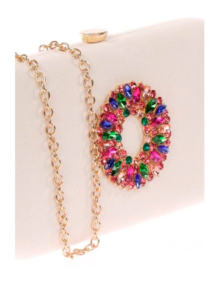 Suede evening clutch bag with multicoloured jewelled brooch
