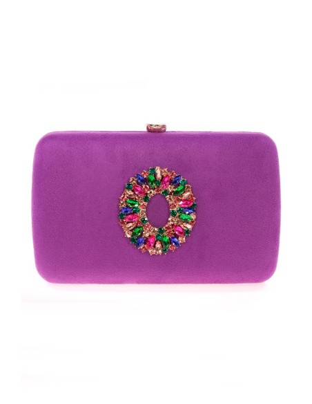 Suede evening clutch bag with multicoloured jewelled brooch