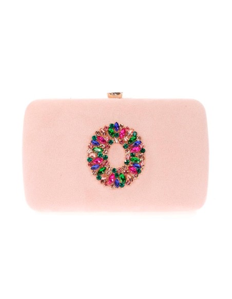Suede evening clutch bag with multicoloured jewelled brooch
