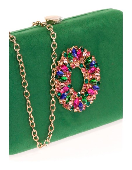 Suede evening clutch bag with multicoloured jewelled brooch