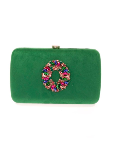 Suede evening clutch bag with multicoloured jewelled brooch