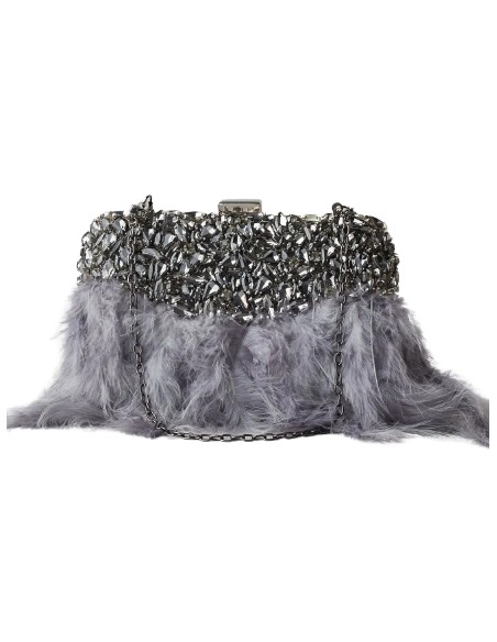 Bolso de fiesta con asa y pedrería con plumas en color plata.