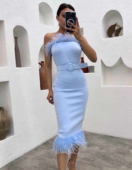 Midi party dress with feather detail and belt blue