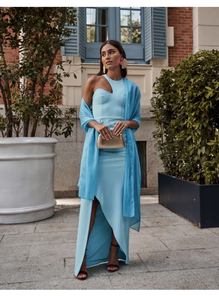 Vestido de fiesta escote asimétrico con falda abierta