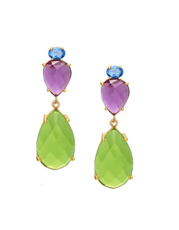 Party earrings with three hydrothermal stones amethyst, blue topaz and green chalcedony in 925 sterling silver.