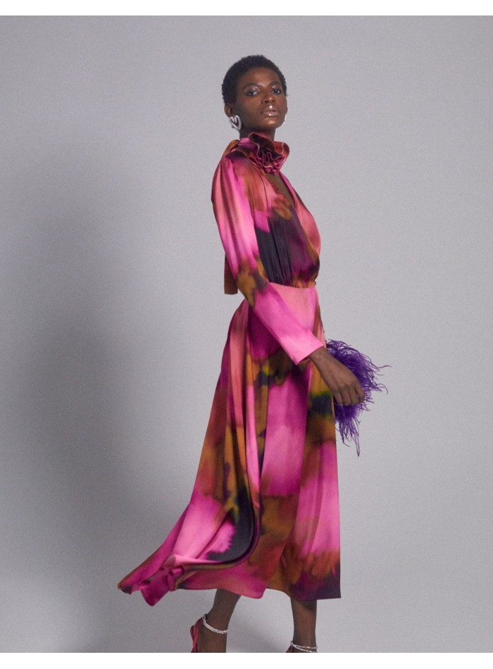 Silk printed midi party dress with crossover print