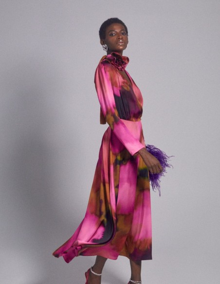 Silk printed midi party dress with crossover print