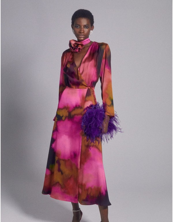 Robe de soirée midi en soie imprimée avec motif croisé 2