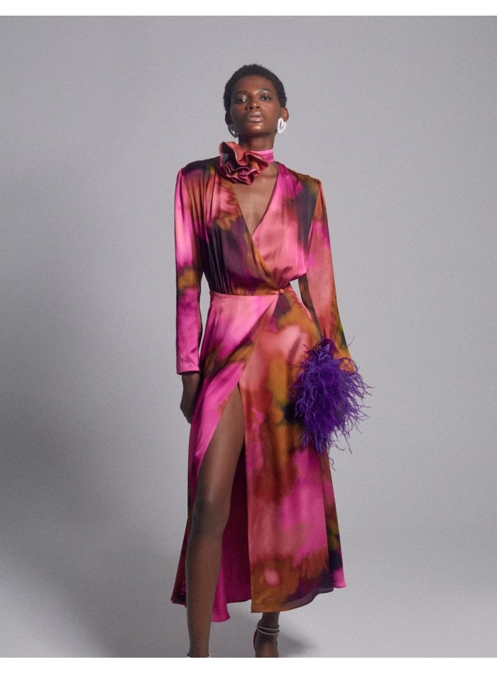 Robe de soirée midi en soie imprimée avec motif...