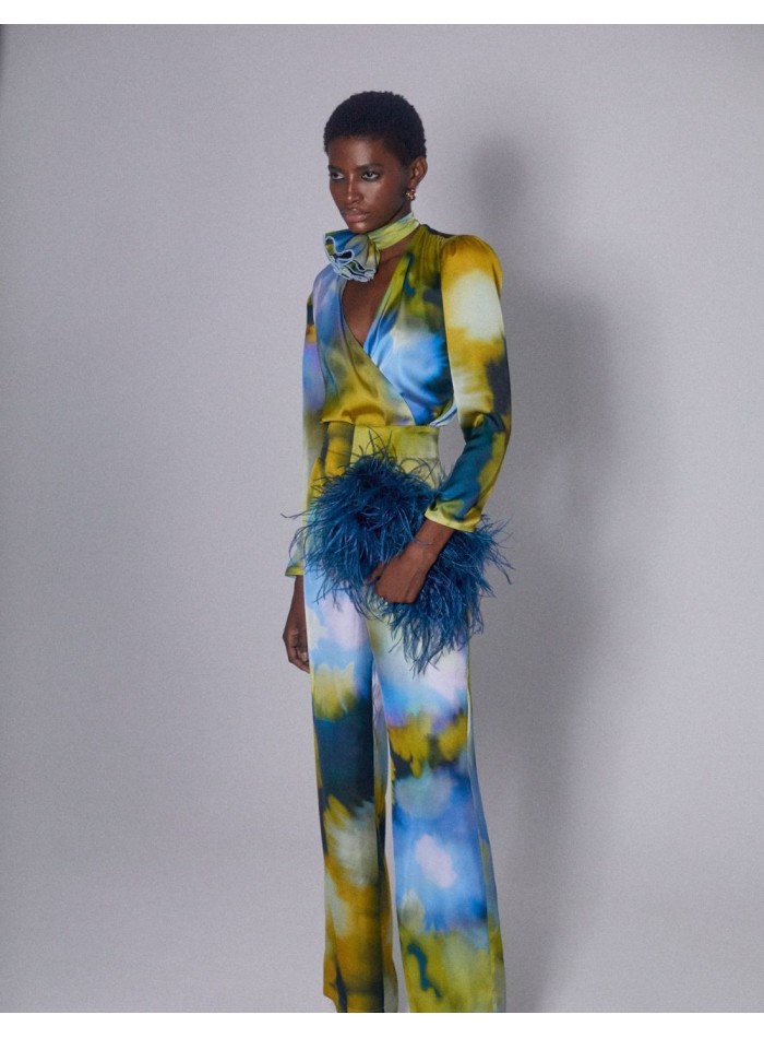 Long sleeve printed satin party blouse with...