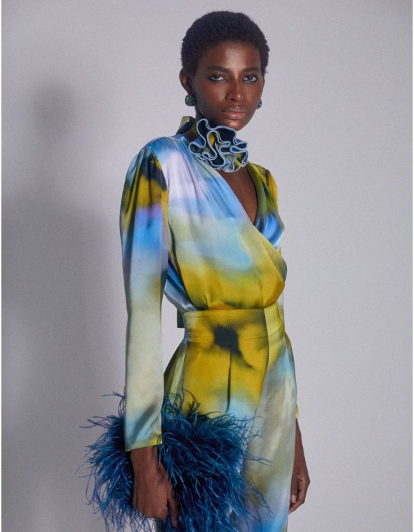 Long sleeve printed satin party blouse with long sleeves