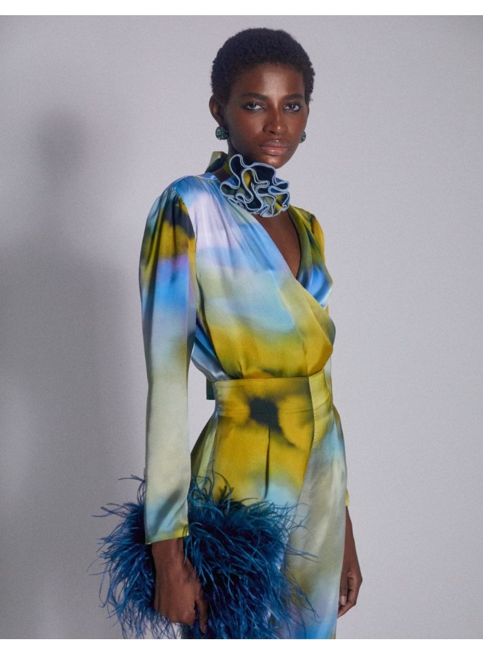 Pantalon taille haute en satin imprimé