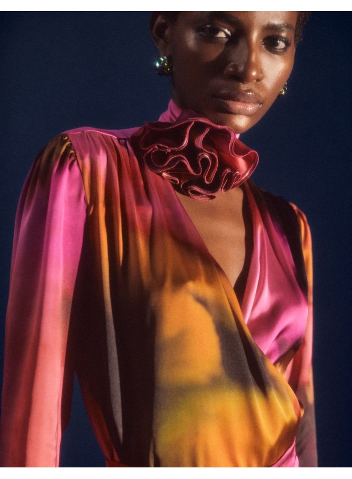 Satin party blouse with crossover neckline and...