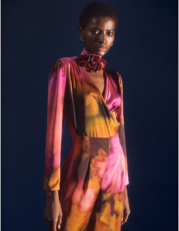 Satin party blouse with crossover neckline and floral...