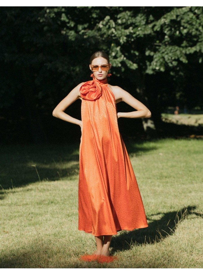 Orange midi party dress with floral embellishment