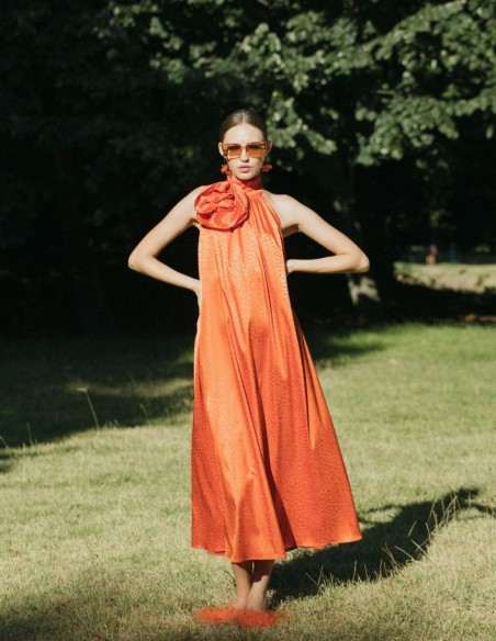 Orange midi party dress with floral embellishment