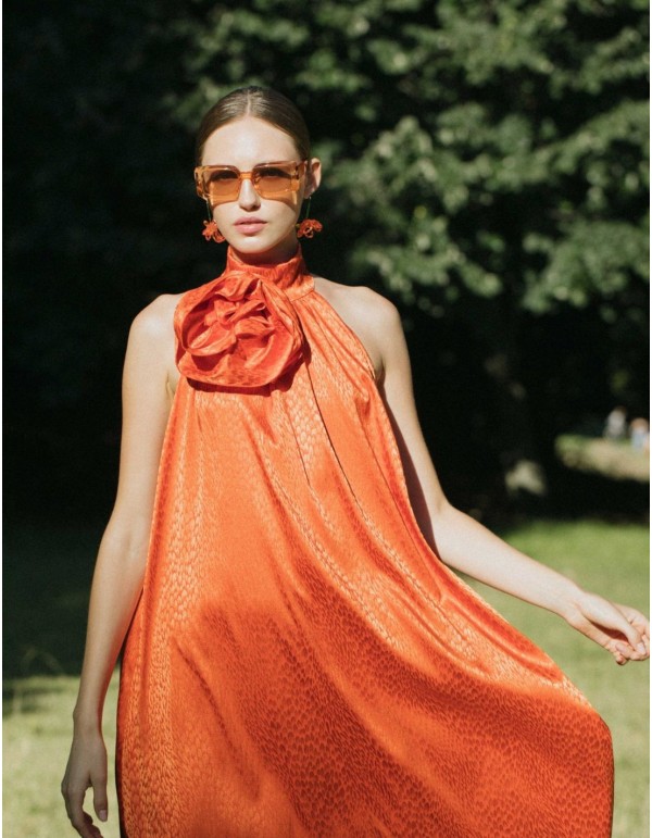 Robe de soirée midi orange avec embellissement floral