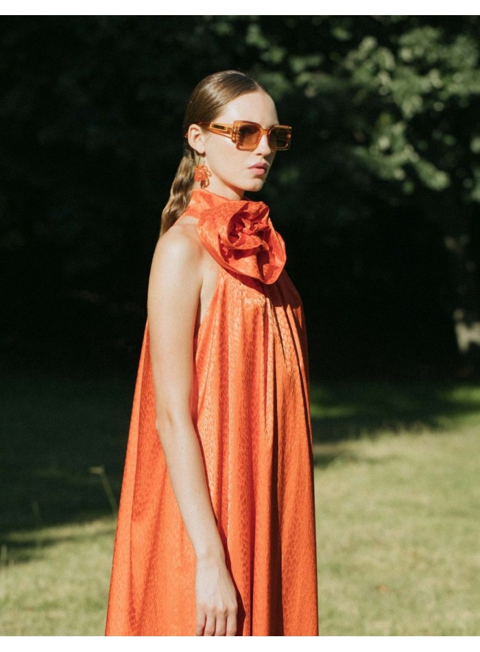 Orange midi party dress with floral embellishment