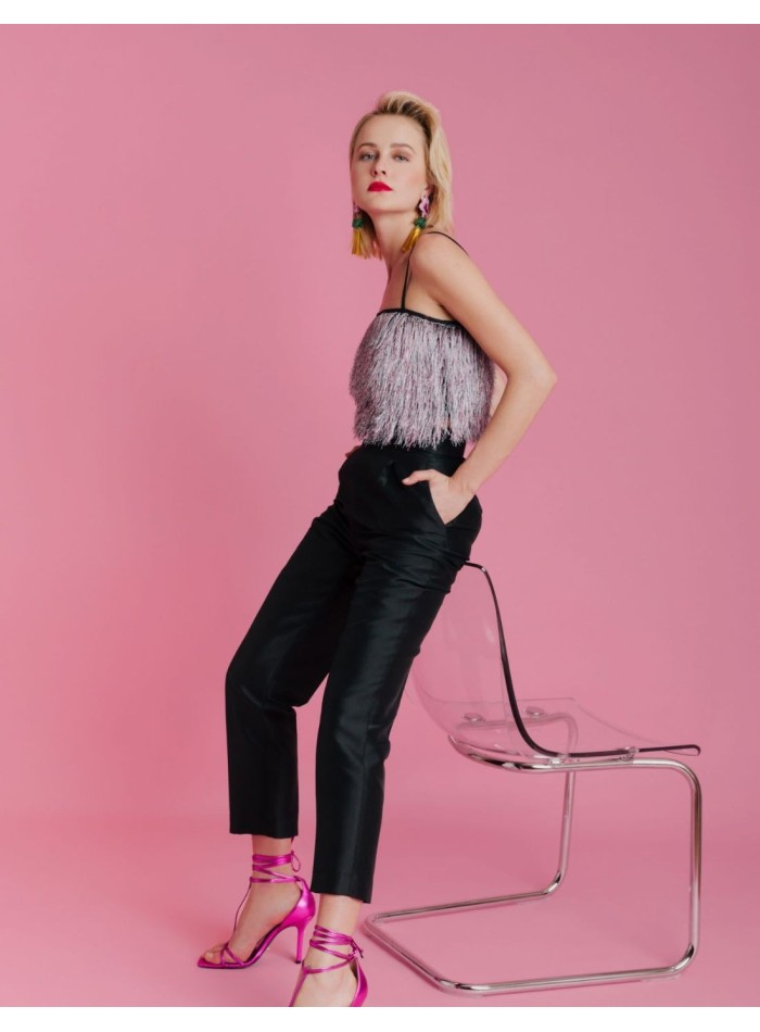 Pantalon long de fête avec plis et ceinture haute