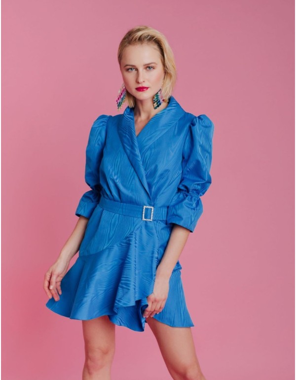 Short blue party dress with jewel belt