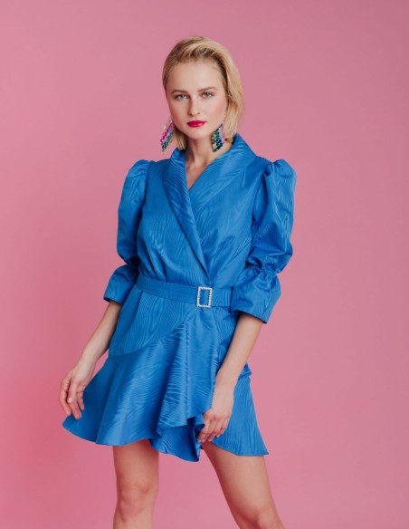 Short blue party dress with jewel belt