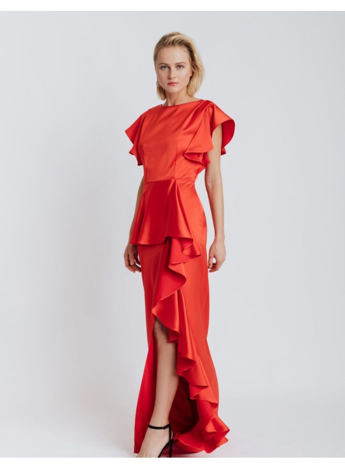 Vestido largo de fiesta satinado con volantes