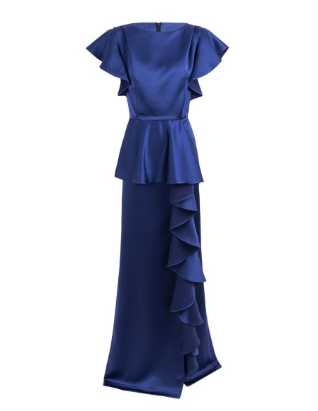 Long satin party dress with ruffles