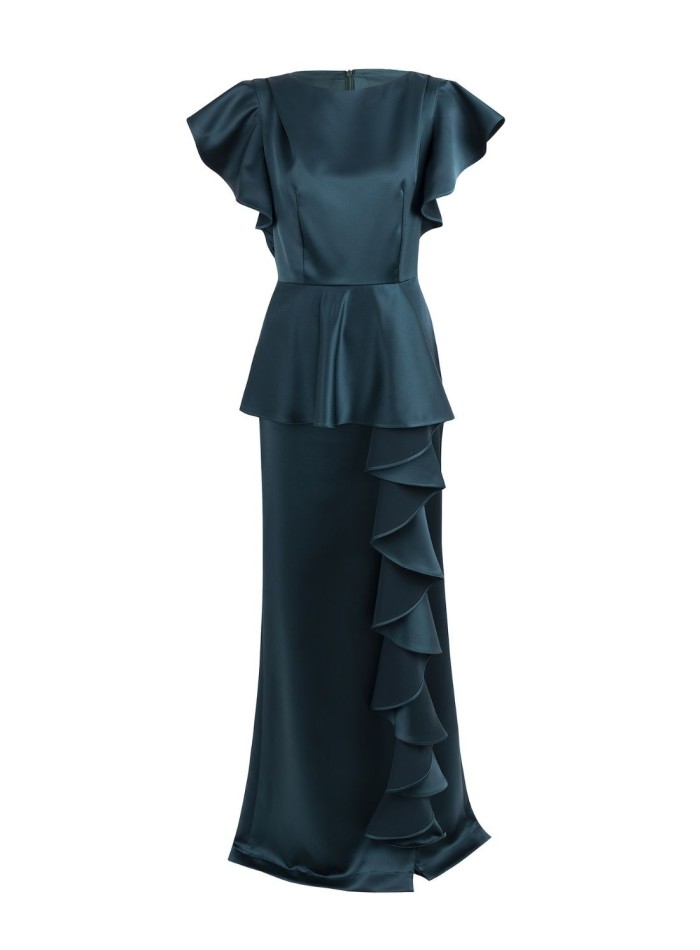 Long satin party dress with ruffles