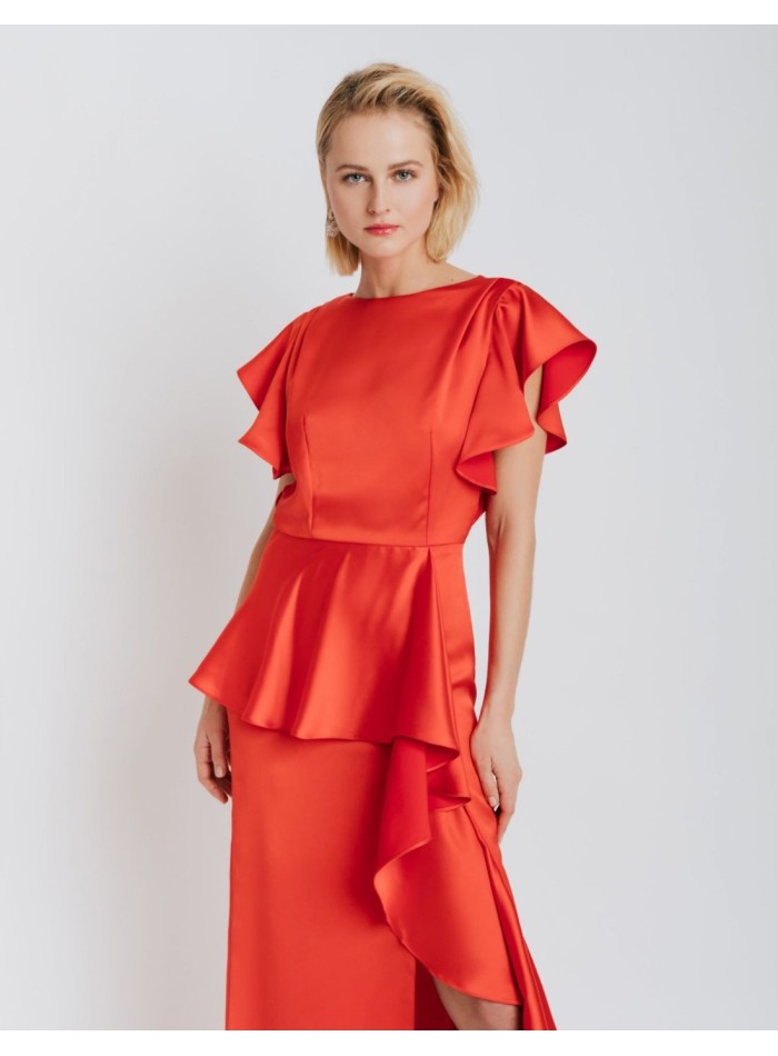 Vestido largo de fiesta satinado con volantes