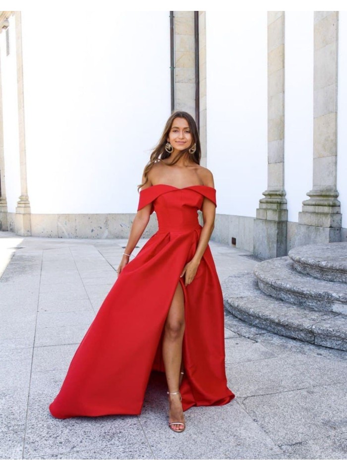 Vestido largo de fiesta satinado con escote bardot