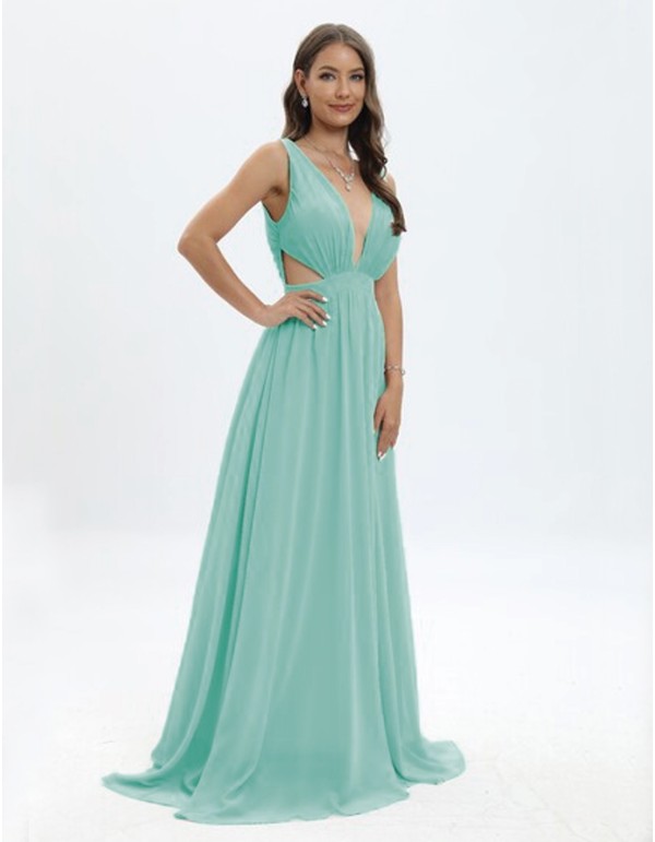 Evening dress with deep V-neckline and cut-out sides blue