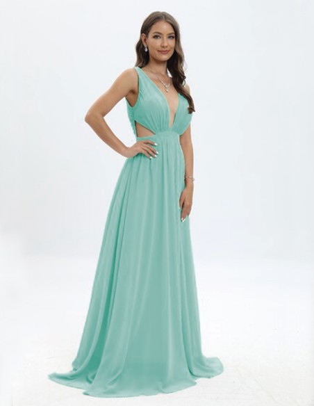 Evening dress with deep V-neckline and cut-out sides blue