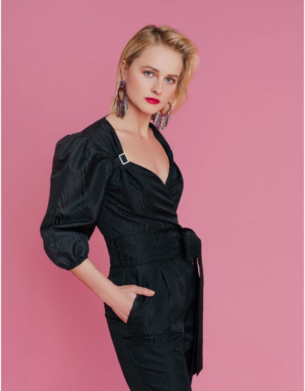 Black long party jumpsuit with jewel embellishment 2