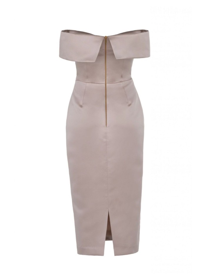 Midi party dress with bardot neckline