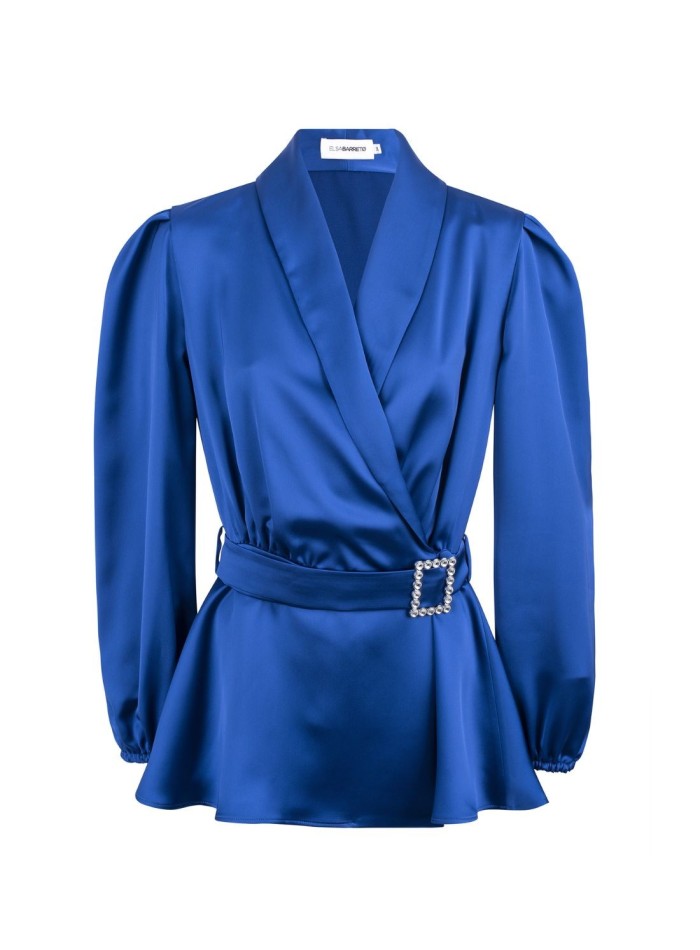 Blazer cruzada satinada con cinturón joya