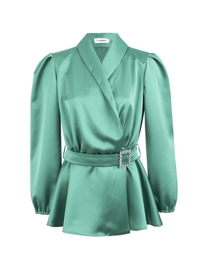 Blazer cruzada satinada con cinturón joya