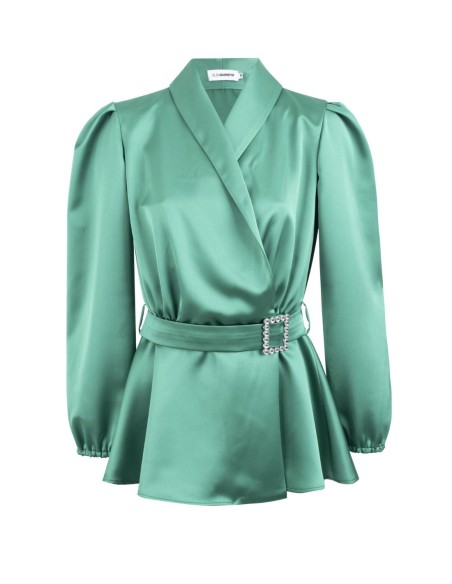 Satin double breasted blazer with a jeweled belt