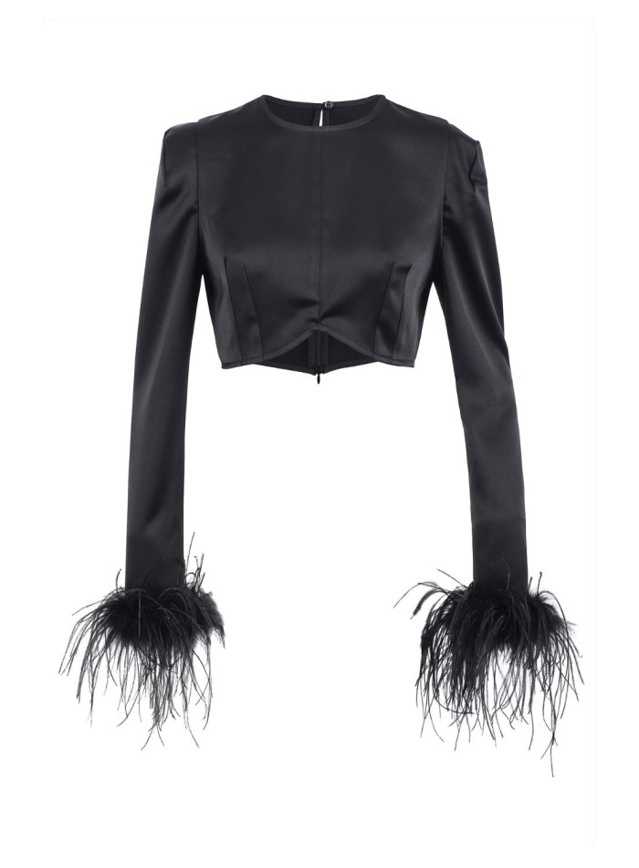 Crop-top satin with long sleeves and feathers
