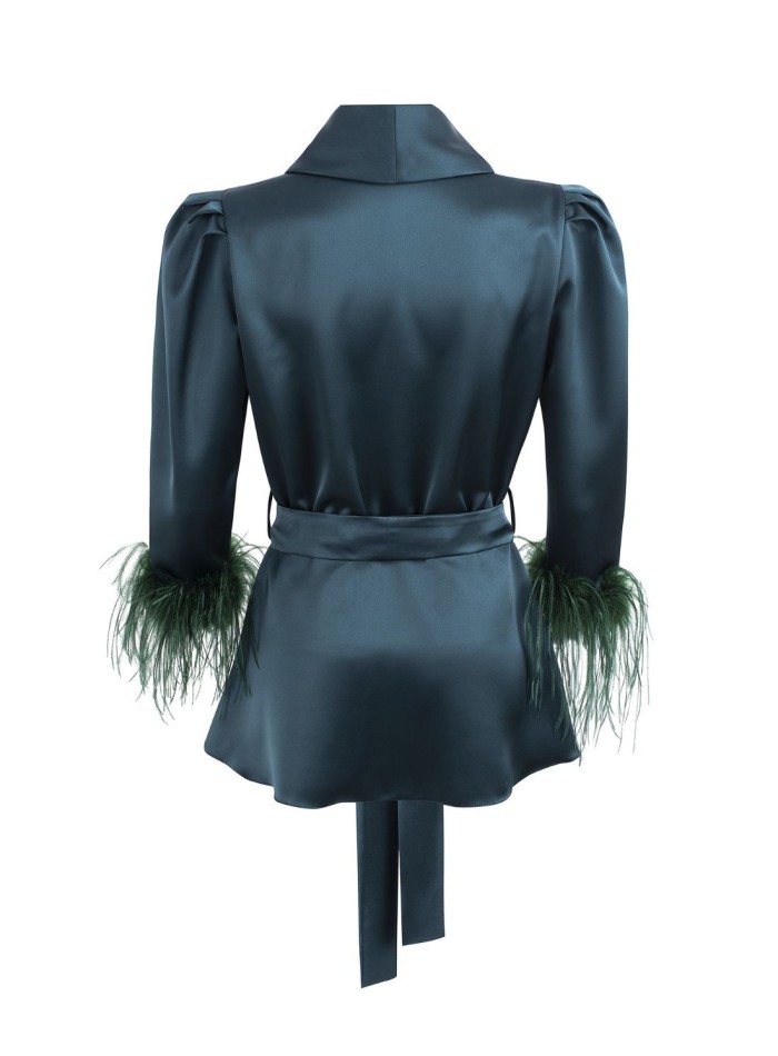 Black crossover blouse with lapels and feathers