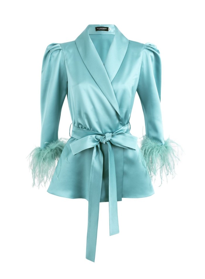 Black crossover blouse with lapels and feathers