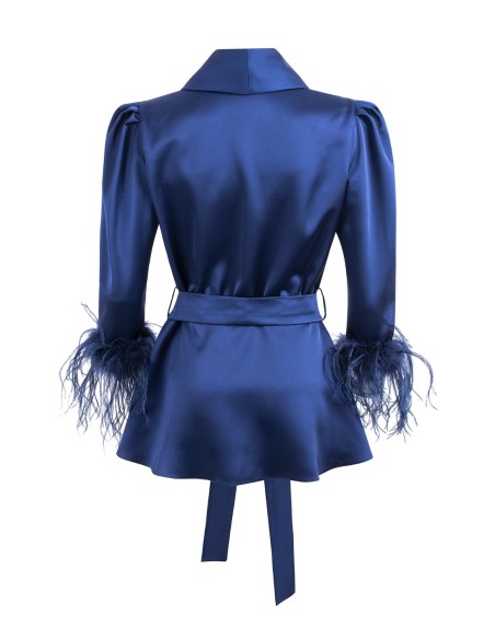 Black crossover blouse with lapels and feathers