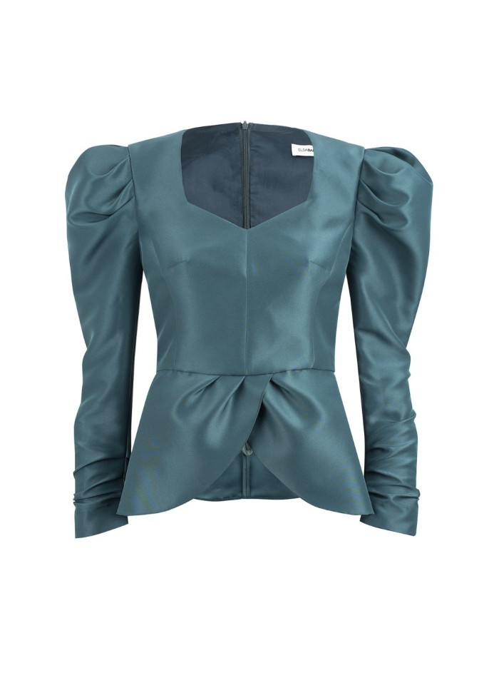 Blusa de fiesta verde esmeralda con volante