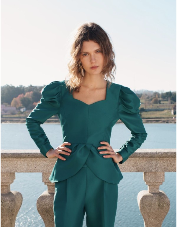 Emerald green party blouse with frill