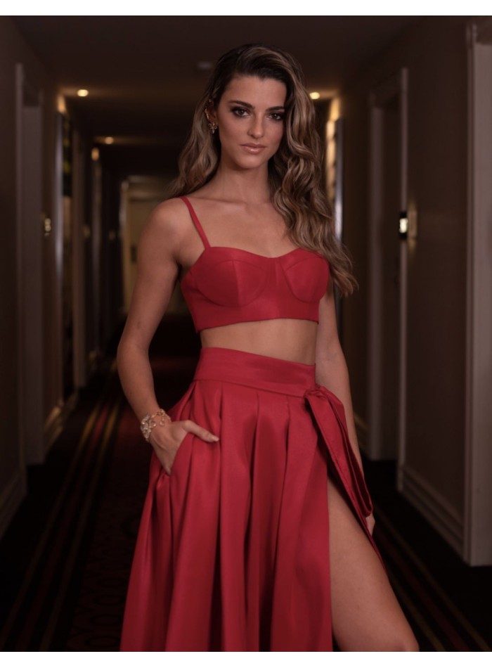 Long red party skirt with side lacing - Joana...