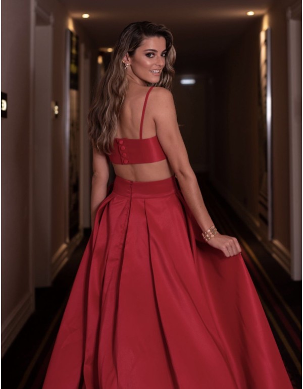 Long red party skirt with side lacing - Joana Aguiar